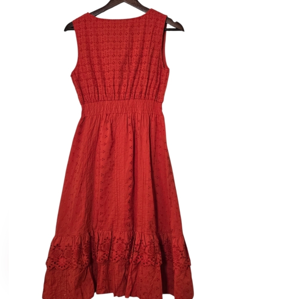 Chaudry Red V-Neck Midi Dress with Tie Waist Sz M - Picture 3 of 5